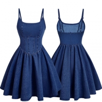 Fashion Square Neck Cinch Waist Denim Dress