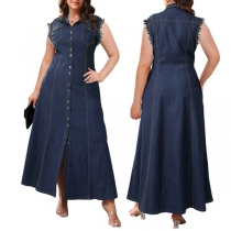 Fashion Stand Collar Frayed Sleeveless Front Button Denim Maxi Dress