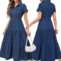 Fashion Stand Collar Short Sleeve Front Button Tiered Denim Dress