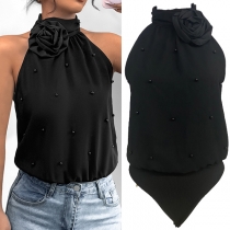 Fashion 3D Rose Beaded Mock Neck Sleeveless Bodysuit