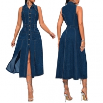 Fashion Stand Collar Sleeveless Front Button Slit Old-washed Denim Dress