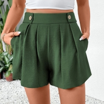Casual High-rise Button Side Pockets Pleated Shorts