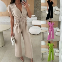 Fashion Solid Color V-neck Ruffle Short Sleeve Self-tie Straight-cut Jumpsuit