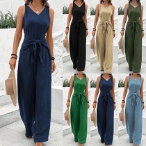 Casual Solid Color V-neck Sleeveless Self-tie Jumpsuit