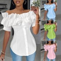 Casual Ruffle Off-the-shoulder Short Sleeve Front Button Shirt