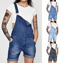 Casual Front Patch Pockets Rolled Hemline Old-washed Denim Suspender Romper