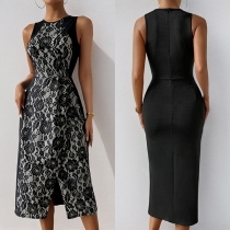 Fashion Crew Neck Sleeveless Front Slit Lace Dress