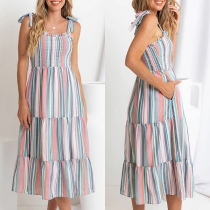 Fashion Colorful Stripe Printed Self-tie Shoulder Strap Smocked Bodice Tiered Dress