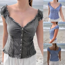 Fashion Ruffle V-neck Cap Sleeve Front Button Plaid Shirt