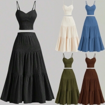 Fashion Solid Color Two-piece Set Consist of Cami Shirt and Tiered Maxi Skirt