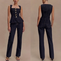Fashion Denim Two-piece Set Consist of Square Neck Denim Shirt and Straight-cut Denim Pants