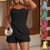 Fashion Solid Color Ruffle Hemline Cami Romper