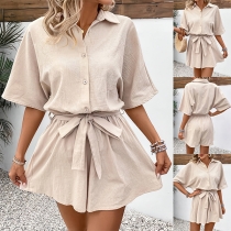 Fashion Solid Color Stand Collar Short Sleeve Front Button Self-tie Romper