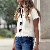 Casual Solid Color Short Sleeve Front Bowknot Frayed Hemline Shirt