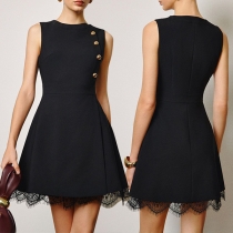 Fashion Crew Neck Sleeveless Side Button Lace Spliced Hemline Mini Dress