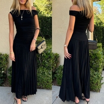 Fashion Strapless Cap Sleeveless Pleated Maxi Dress