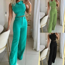 Fashion Solid Color Two-piece Set Consist of Crop Top and Straight-cut Pants