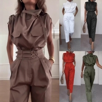 Fashion Two-piece Set Consist of Draped Neck Shirt and High-rise Pants with Belt