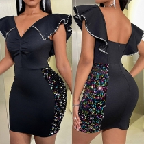 Fashion Bling-bling V-neck Ruffle Sleeveless Bodycon Dress