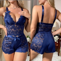 Sexy Lace Spliced Bowknot Two-piece Lace Nightwear Set