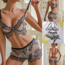 French Embroidered Mesh Lingerie Set - Delicate Lace Three-Piece with See-Through Hollow Shorts