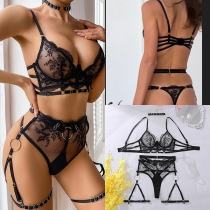 Four-Piece Mesh Lingerie Set Hollow Backless Bra with Matching Panties