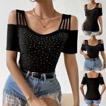 Fashion Rhinestone Open-shoulder Short Sleeve Shirt