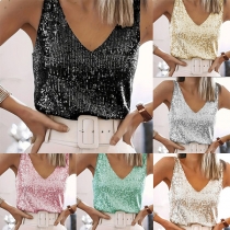 Fashion Bling-bling Sequined V-neck Sleeveless Shirt