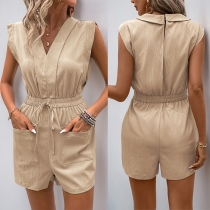 Fashion V-neck Sleeveless Drawstring Elastic Waist Patch Pockets Romper