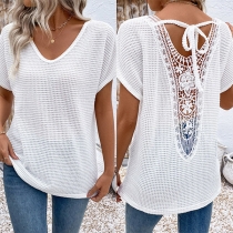 Fashion Solid Color V-neck Short Sleeve Back Lace Spliced Shirt
