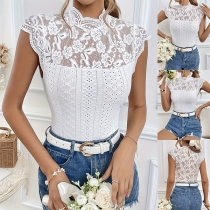 Fashion Mock Neck Cap Sleeve Lace Hollow Out Shirt