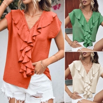 Fashion Ruffle V-neck Short Sleeve Shirt