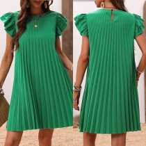 Fashion Crew Neck Ruffle Short Sleeve Pleated Dress