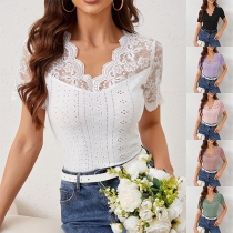 Fashion Lace Spliced V-neck Short Sleeve Hollow Out Shirt