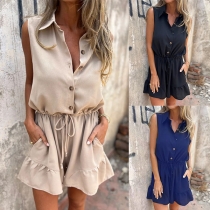 Fashion Stand Collar Sleeveless Front Button Drawstring Waist Side Pockets Romper