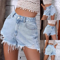Fashion High-rise Frayed Hemline Old-washed Denim Shorts
