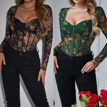 Fashion Floral Embroidered Sweetheart Neckline Corset Long Sleeve Bodysuit