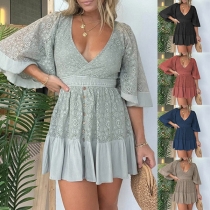 Fashion Lace Spliced V-neck Batwing Sleeve High-rise Ruffle Hemline Mini Dress