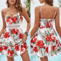 Fashion Floral Printed Lace Spliced Waist Slip Dress