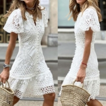 Fashion Button V-neck Short Sleeve Front Button Lace Dress