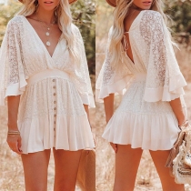 Fashion V-neck Batwing Sleeve High-rise Front Button Ruffle Hemline Lace Dress