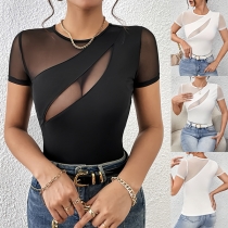 Sexy Mesh Spliced Crew Neck Short Sleeve Slim-fit Shirt