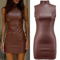 Fashion Crew Neck Sleeveless Artificial Leather PU Bodycon Dress
