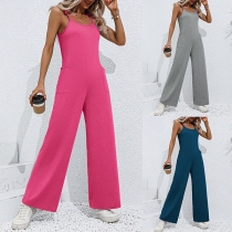 Fashion Solid Color Crew Neck Sleeveless Patch Pockets Jumpsuit