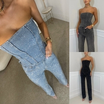 Fashion Rhinestone Two-piece Set Consist of Strapless Bandeau and Straight-cut Pants