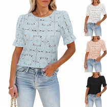 Fashion Square Neck Puff Short Sleeve Floral Jacquard Shirt