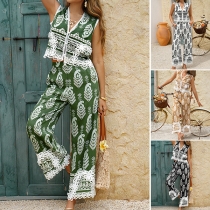 Fashion Floral Printed Lace Spliced Two-piece Set Consist of Sleeveless Vest and Straight-cut Pants
