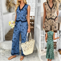 Fashion Floral Printed Two-piece Set Consist of Sleeveless Shirt and Straight-cut Pants