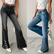 Vintage Lace Spliced Flared Old-washed Denim Jeans