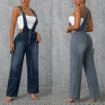 Fashion Front Zipper Adjustable Straight-cut Denim Suspender Jumpsuit